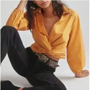 Sunday in Brooklyn- Long Balloon Sleeve Twist Front Crop Burnt Yellow Top Size S